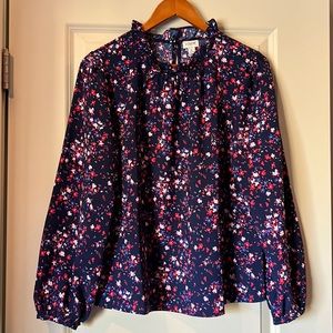 J Crew Navy Flower Print Blouse, M